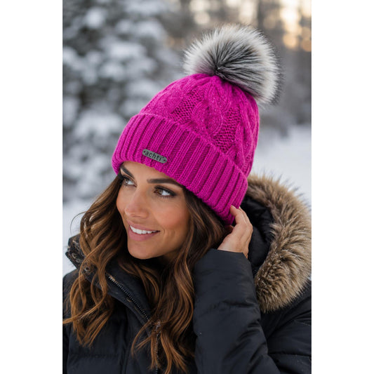 Magenta Cable Knit & PomPom Hat