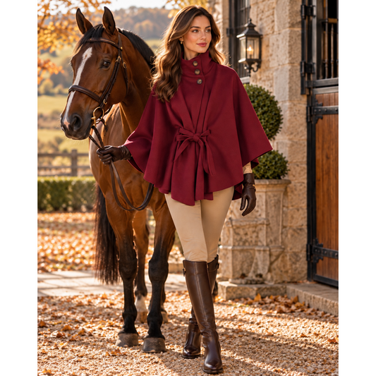 Wine Belted Cape Buttoned Neck