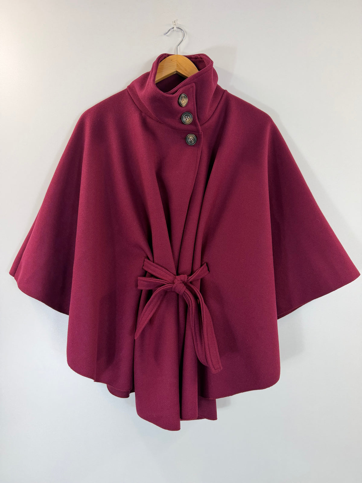 Wine Belted Cape Buttoned Neck
