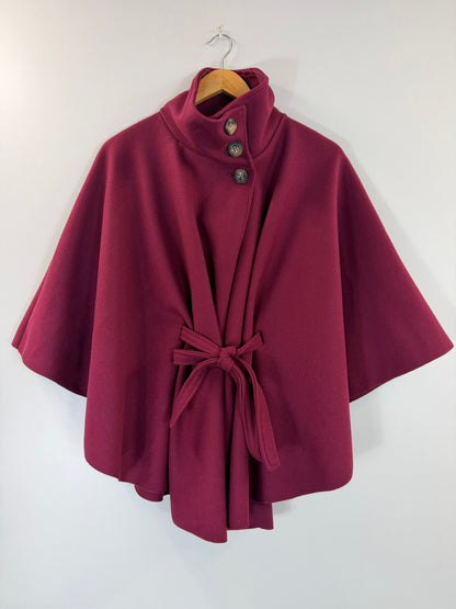 Wine Belted Cape Buttoned Neck