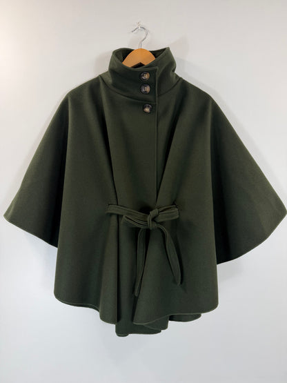 Green Belted Cape Buttoned Neck