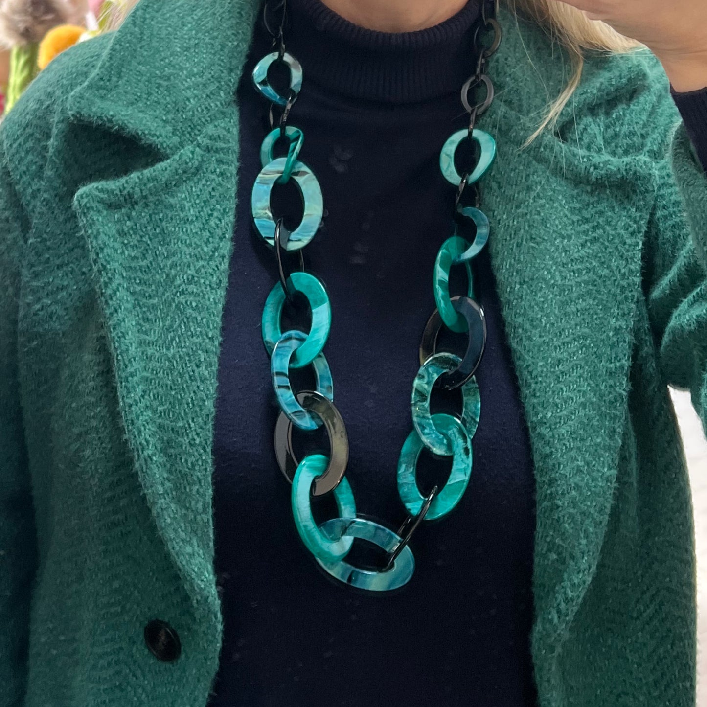 Teal & Black Chain Resin Long Necklace