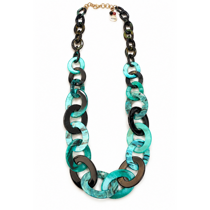 Teal & Black Chain Resin Long Necklace