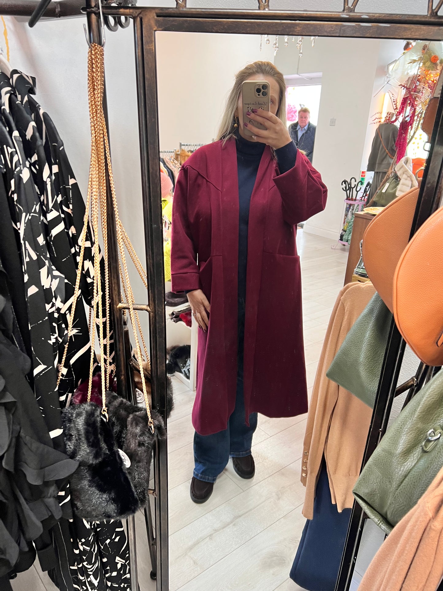 Burgundy Longline Coatigan Relaxed Fit Open Front Coat
