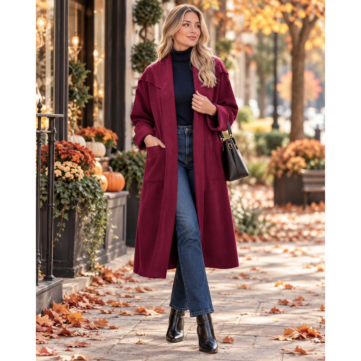 Burgundy Longline Coatigan Relaxed Fit Open Front Coat