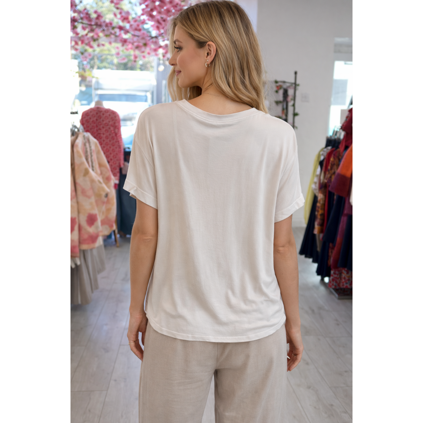 Sheen V-Neck Satin Front Top – Beige