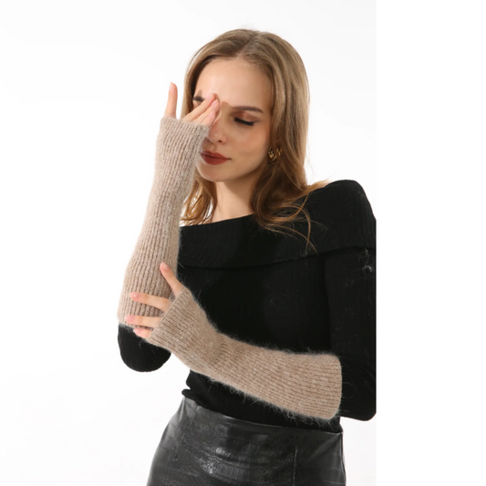 Long Coffee Lurex Fingerless Knitted Gloves