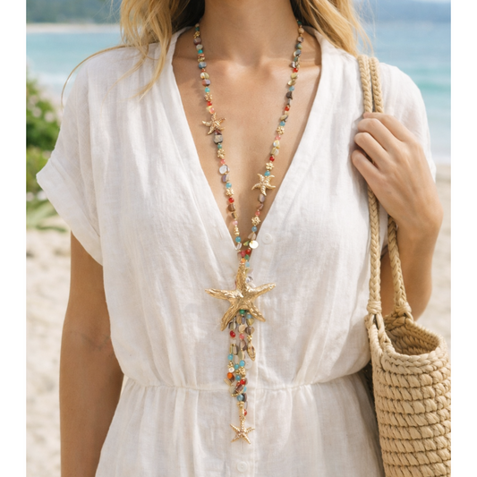 Golden Starfish Multicoloured Bead Necklace