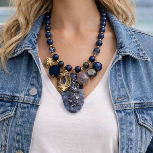 Midnight Blue & Gold Charm Statement Necklace