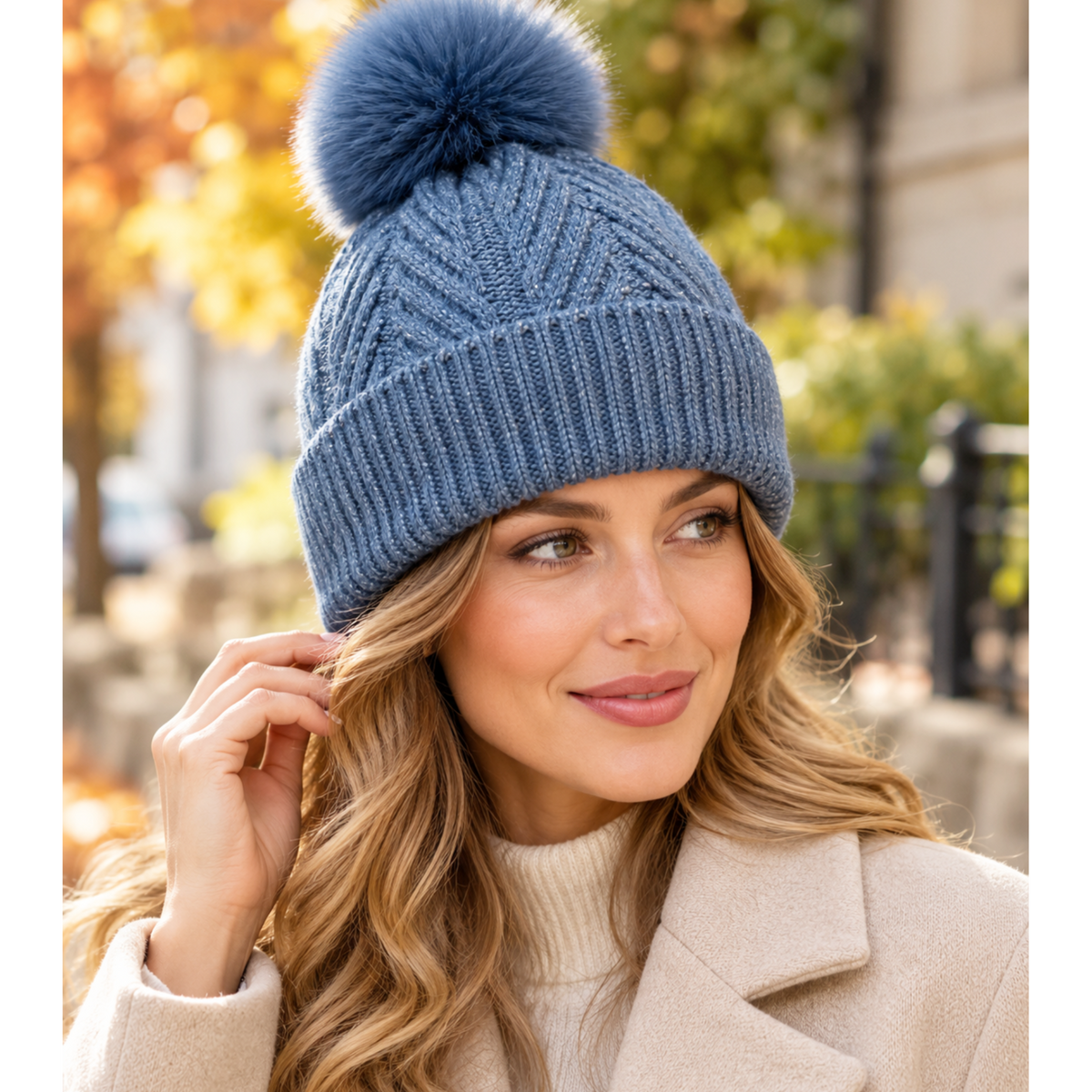 POM Blue Knit PomPom Hat