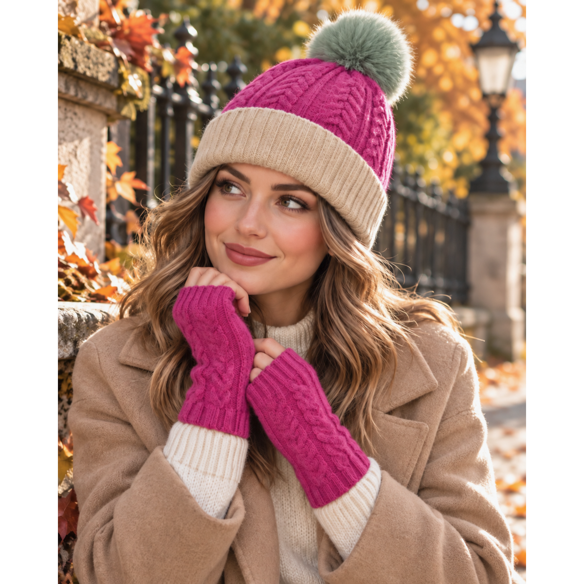 POM Hat & Fingerless Gloves Set Pink/Beige/Green