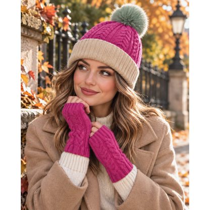 POM Hat & Fingerless Gloves Set Pink/Beige/Green
