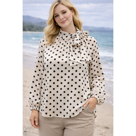 Cream Pussy Bow Blouse Brown Dots