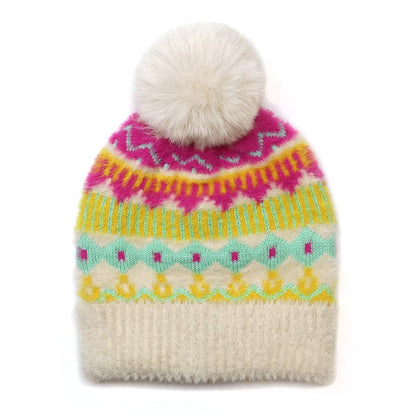 POM Hat & Scarf Set Cream/Pink/Mustard/Mint