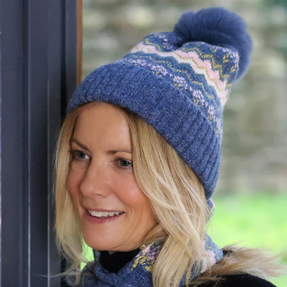 POM Hat & Scarf Set Blue Zig Zag