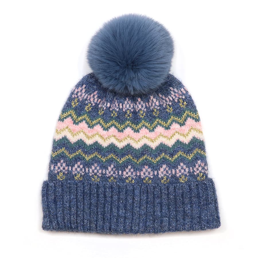 POM Hat & Scarf Set Blue Zig Zag