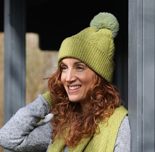 POM Chartreuse Green Hat & Scarf Set