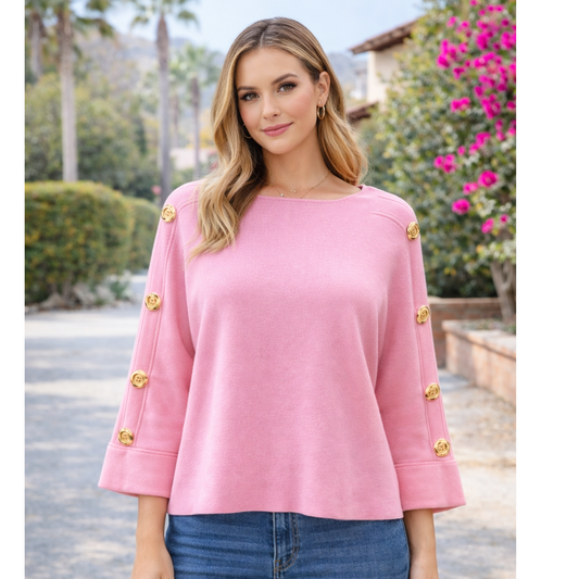 Pink Gold Button Detail Knit Jumper