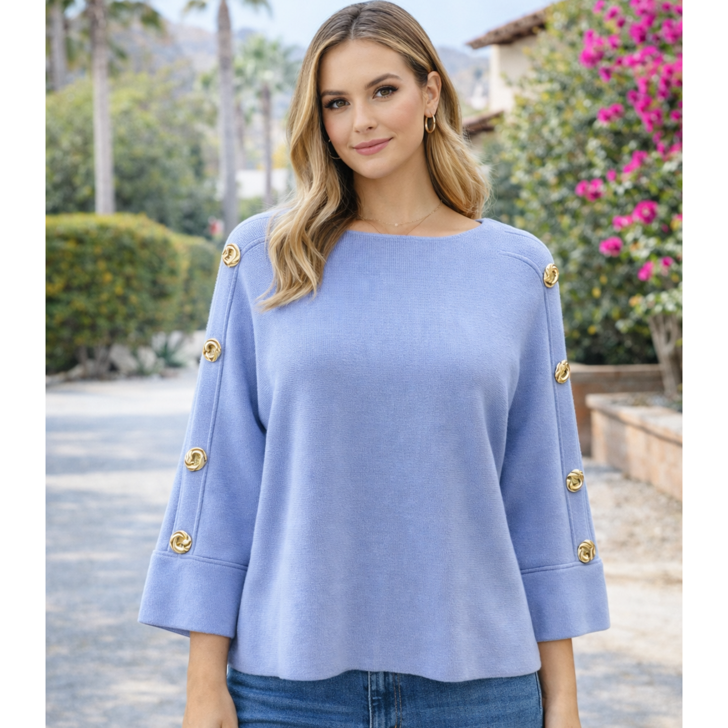 Blue Gold Button Detail Knit Jumper