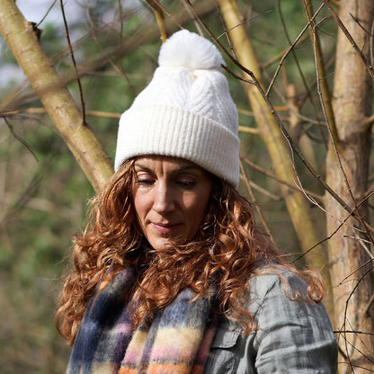 POM Cream Herringbone Bobble Knit Hat
