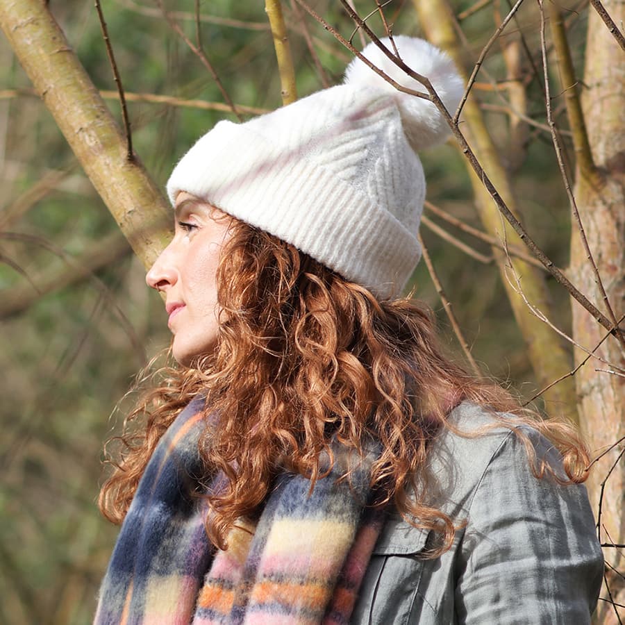 POM Cream Herringbone Bobble Knit Hat