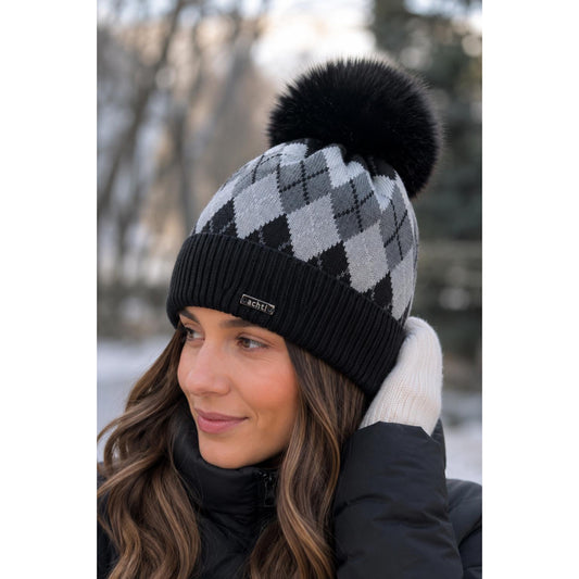 Knit Pom Pom Hat Diamond Design Black/Grey