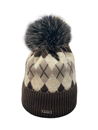 Knit Pom Pom Hat Diamond Design Brown/Beige
