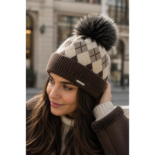 Knit Pom Pom Hat Diamond Design Brown/Beige