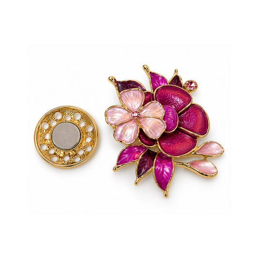 Magnetic Brooch Pink Flowers & Gold