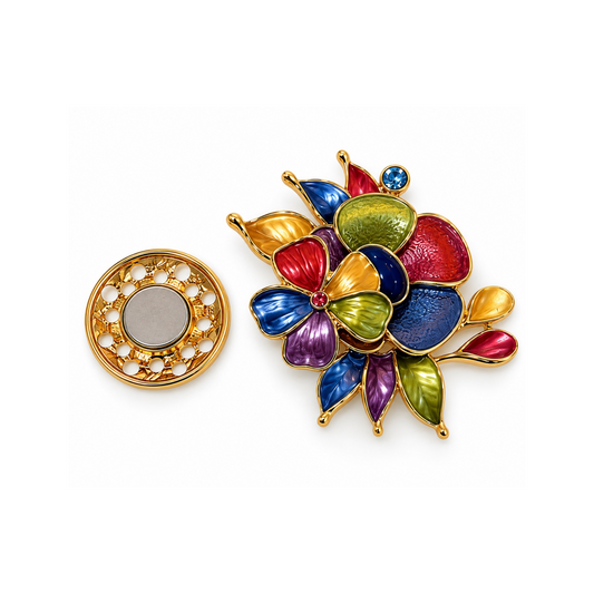 Magnetic Brooch Multicoloured Flowers & Gold