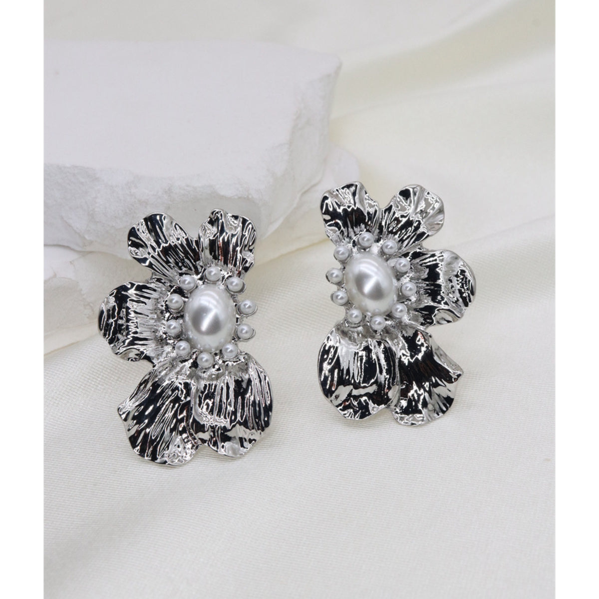 Silver & Pearl Floral Clip On Earrings