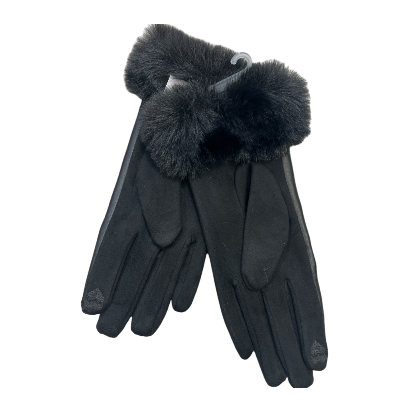 Black Leatherette Crystal Studded Gloves Fur Trim