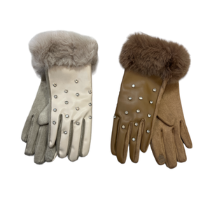 Leatherette Crystal Studded Gloves Fur Trim