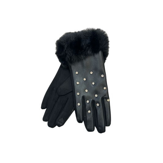 Black Leatherette Crystal Studded Gloves Fur Trim