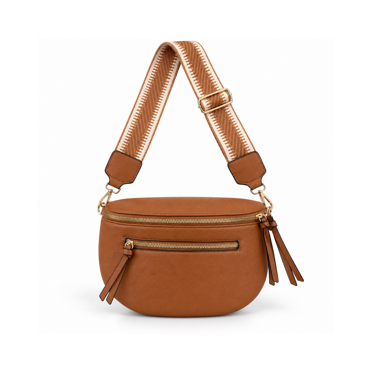 Tan Leatherette Crossbody Zipped Bag