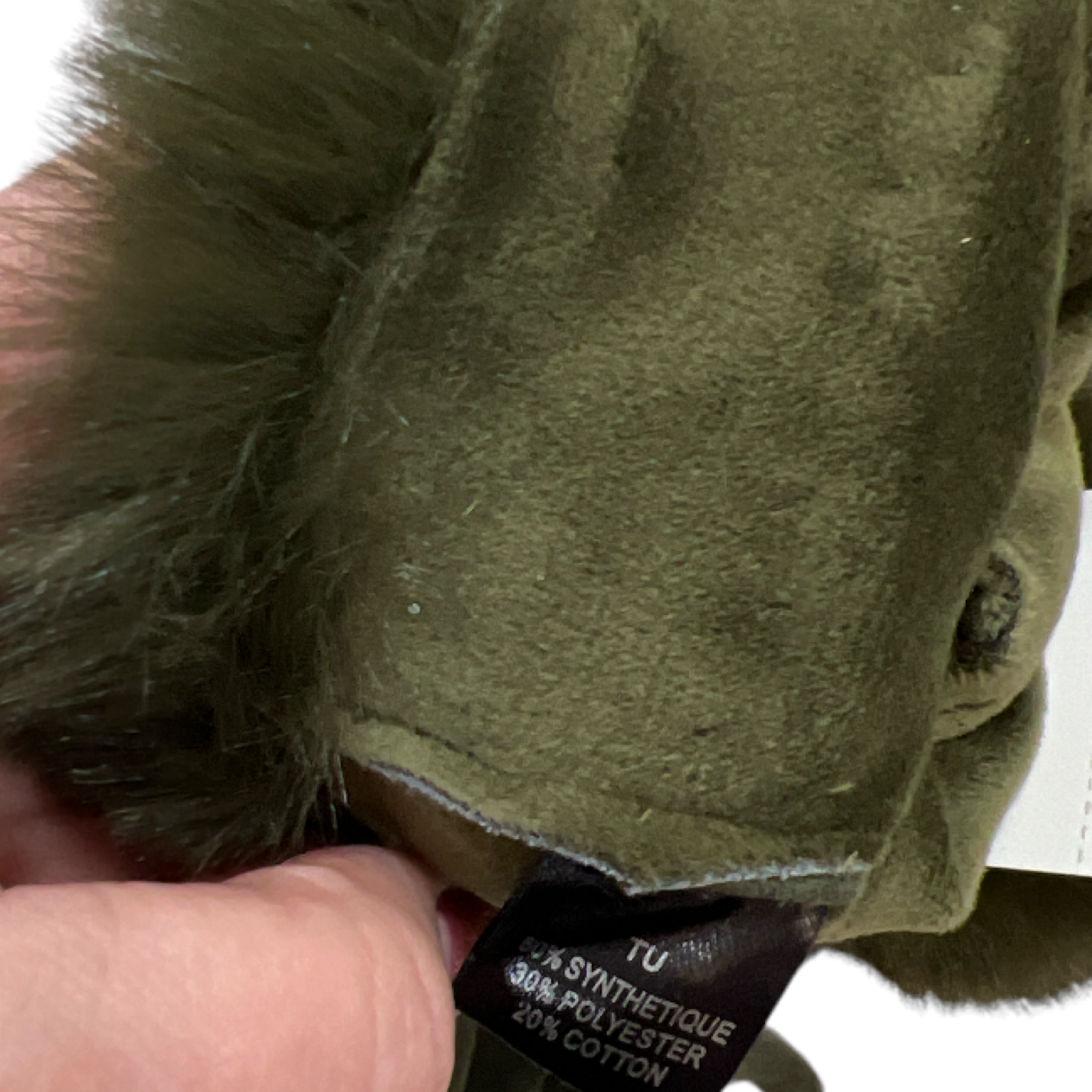 Olive Green Leatherette/Suedette Gloves Fur Trim