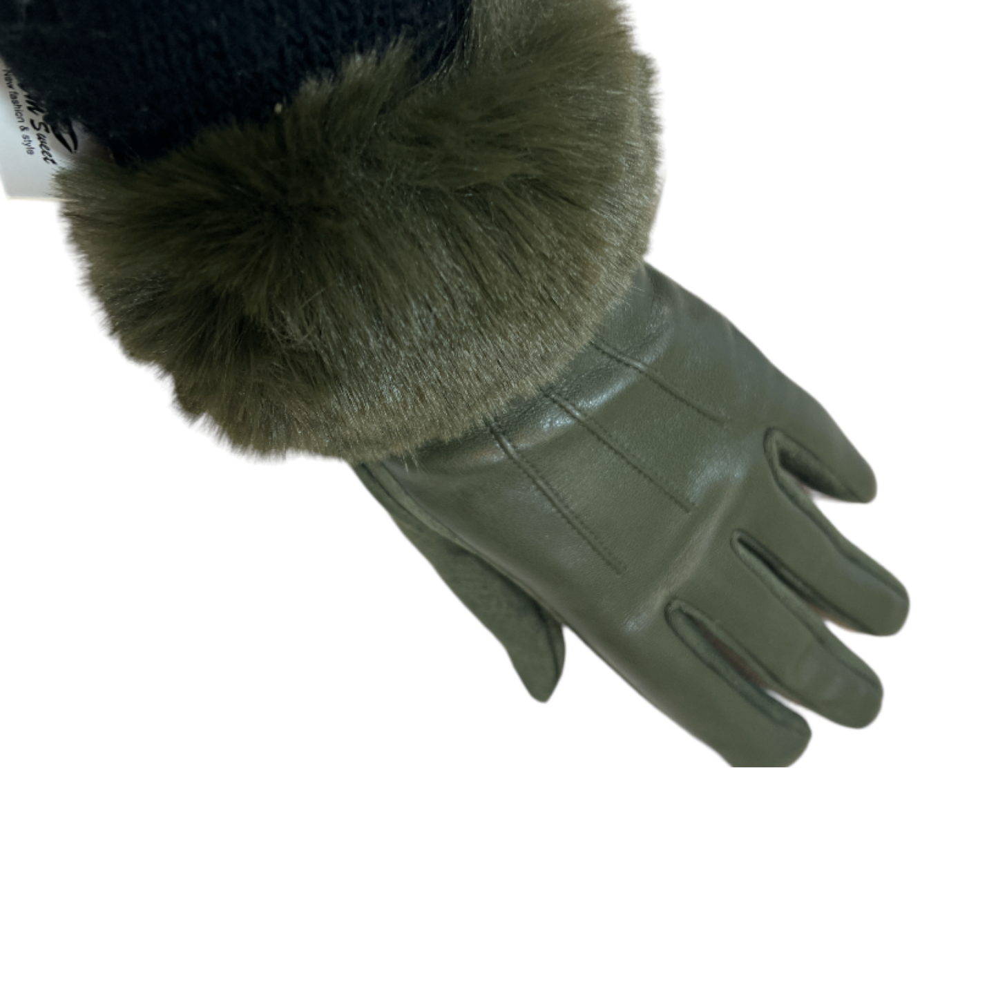 Olive Green Leatherette/Suedette Gloves Fur Trim