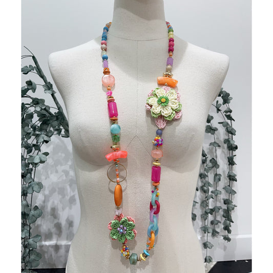 Long Beaded Necklace Crochet Flowers Multicoloured