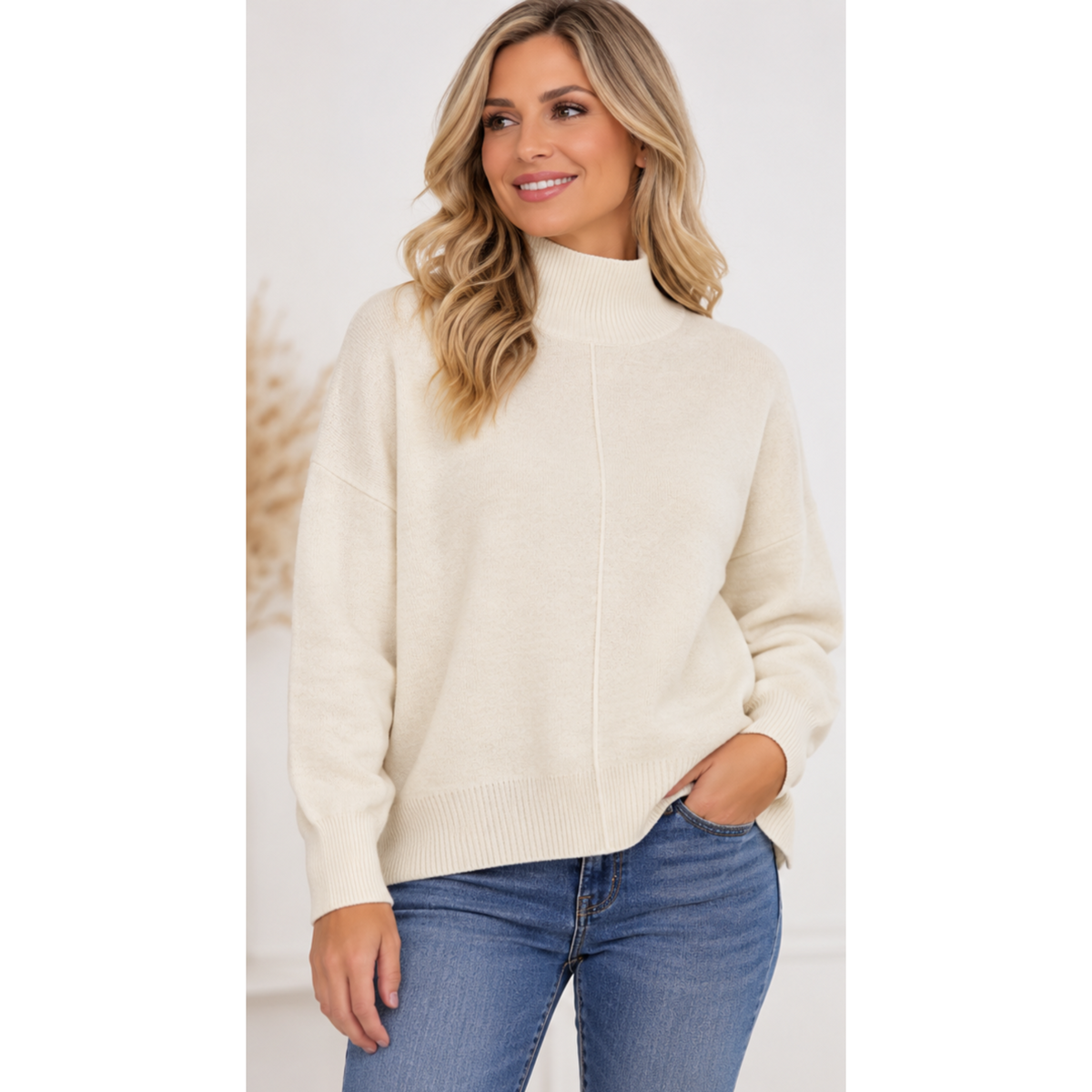 Petra Turtle Neck Knitted Jumper (Cream & Beige)