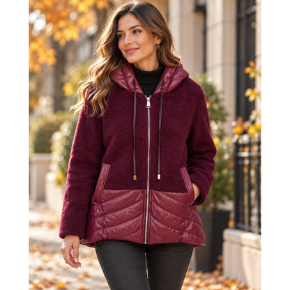 Wine Boucle & Quilted Jacket With Hood (Fits 8-18)