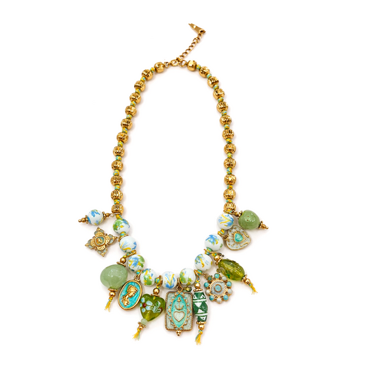 Ocean Charm Statement Necklace – Stainless Steel Lime & Gold Beaded Necklace