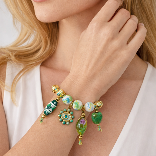 Green & Gold Charm Stainless Steel Bracelet – Colourful Boho Heart Charm Bracelet