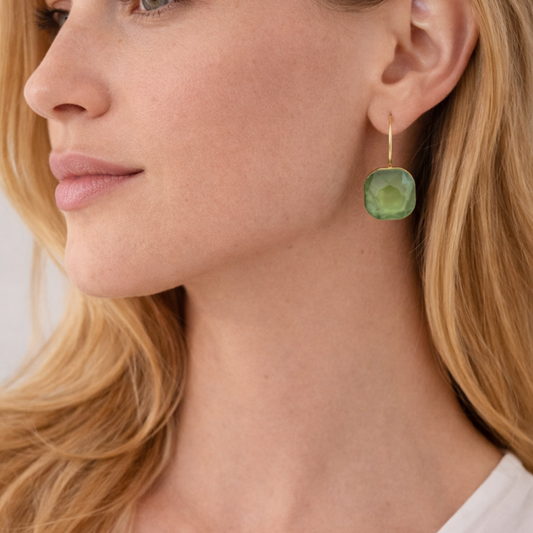Green Faceted Stone Stainless Steel Drop Earrings – Gold Hook Earrings