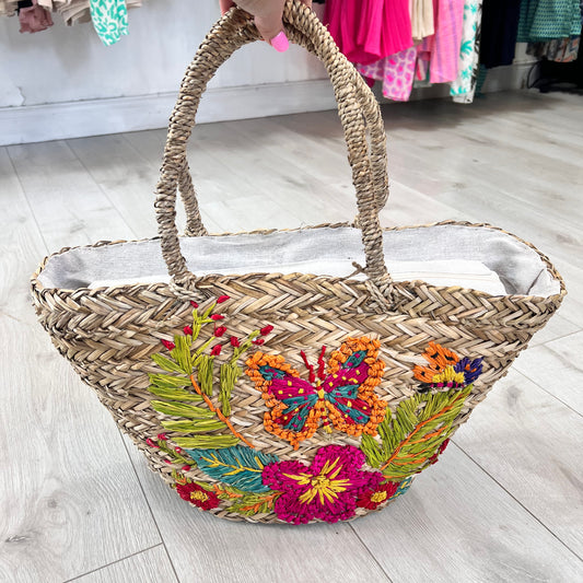 Weaved Basket Tote Bag Flowers & Butterfly