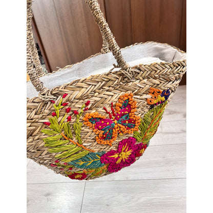 Weaved Basket Tote Bag Flowers & Butterfly