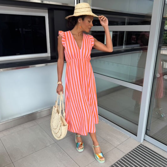 Carrie Striped Frill Shoulder Dress Orange/Pink