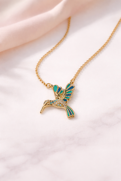 Gold Plated Hummingbird Necklace with Cubic Zirconia & Turquoise Detail