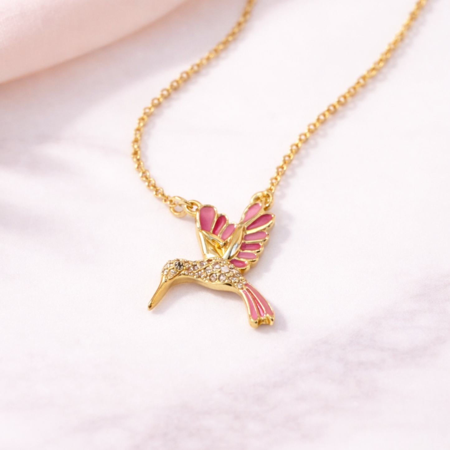 Gold Plated Hummingbird Necklace with Cubic Zirconia & Pink Detail