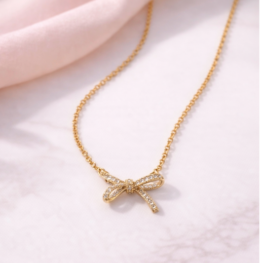 Gold Plated Bow Necklace with Cubic Zirconia Detail