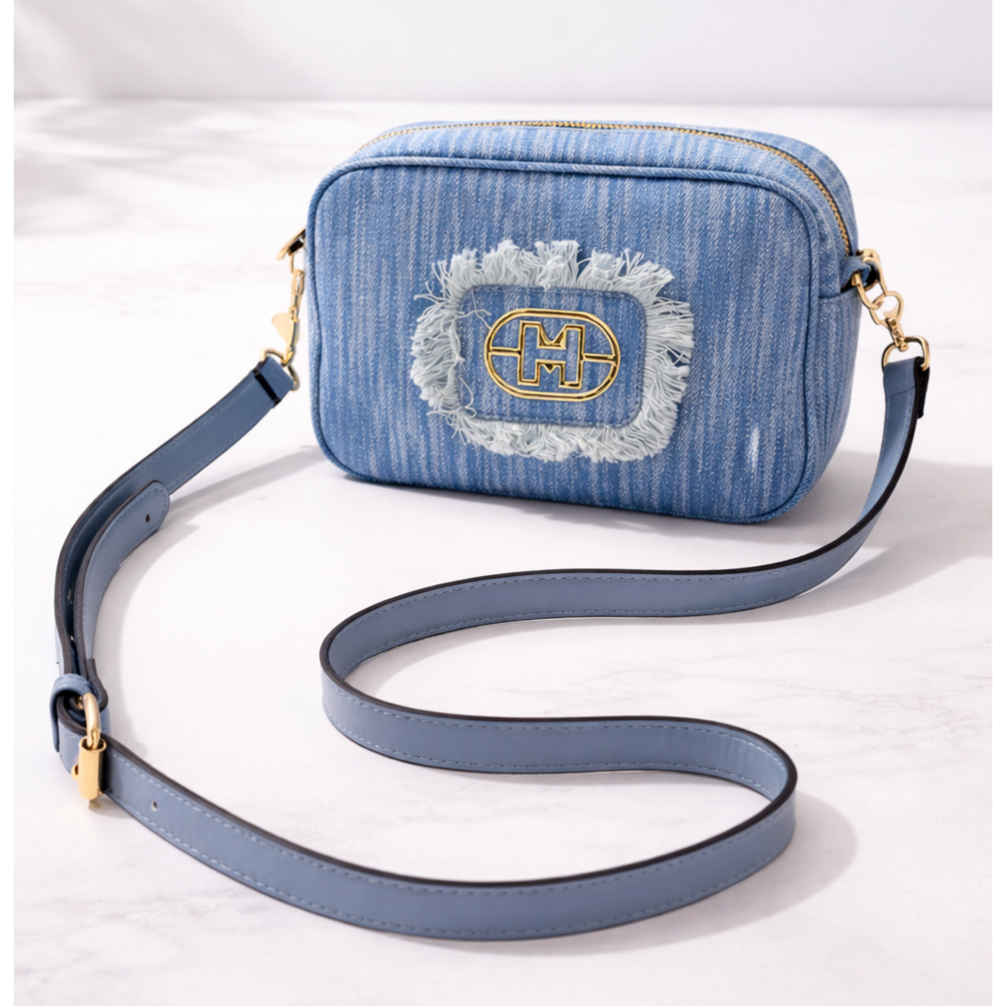 Light Denim Crossbody Bag with Gold Hardware & Adjustable Strap